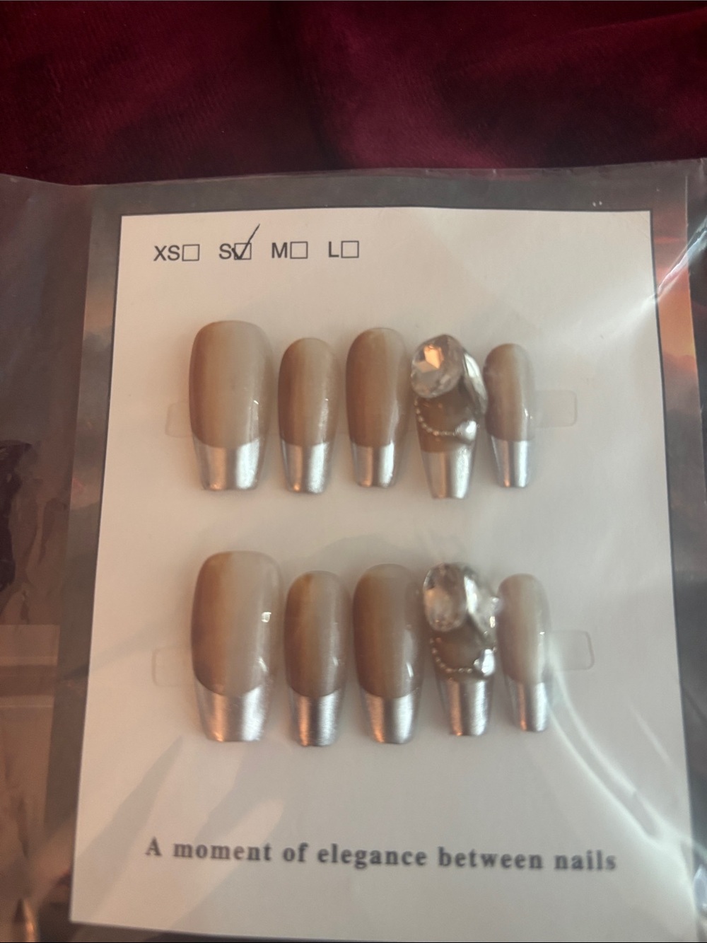 Taupe and Silver Press-On Nail Set with Gem Accent